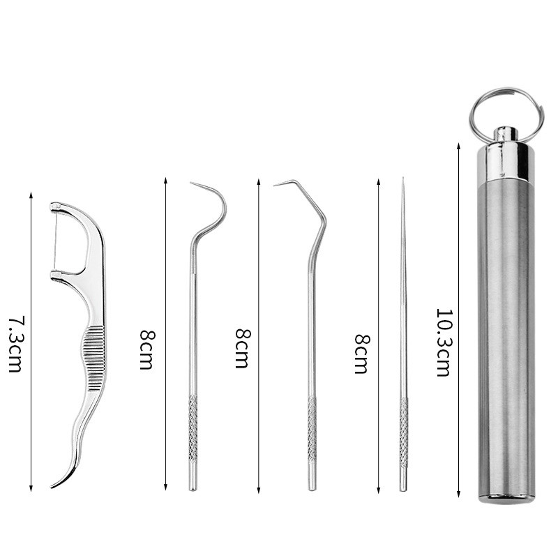 7Pcs/Set Toothpicks with Holder Portable Hanging Keychain Non-slip Handle Reusable Oral Care 304 Stainless Steel Tooth Scrapers Cleaning Dental Picks for Outdoor