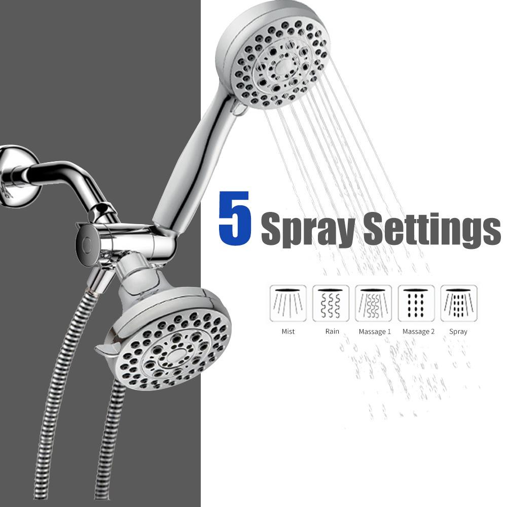 Handheld Shower Head Rain Showerhead Combo 5 Spray Settings High Pressure Shower Head With 3-Way Water Diverter Stainless Steel Hose Set Polished Chrome Bathroom Hand Showerhead Holder