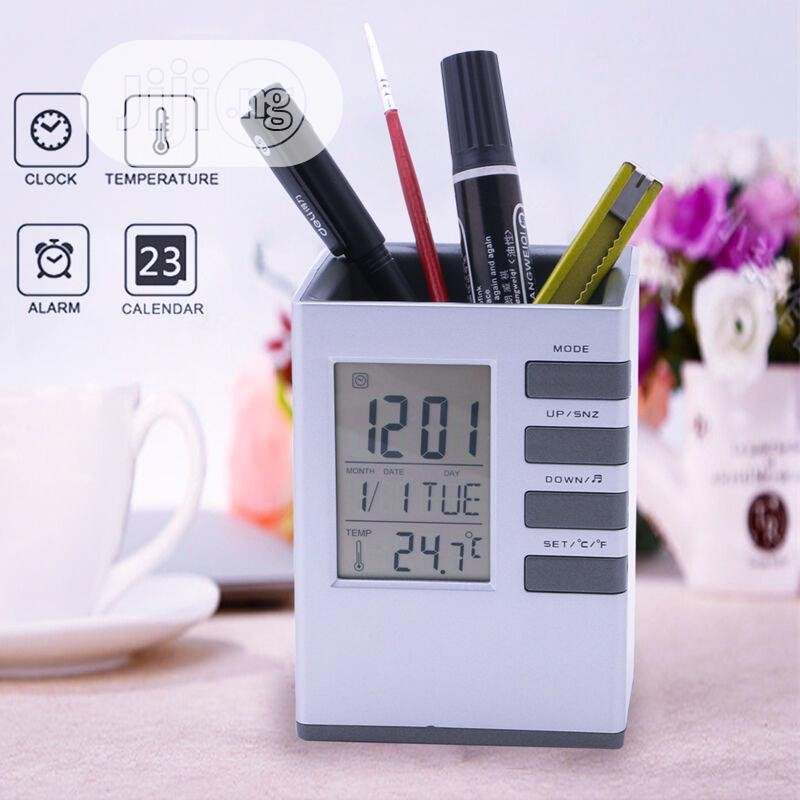 Pen Holder Clock LED Desk Clock Digital LCD Screen Alarm Clock Pen Holder Temperature Display for Home Office