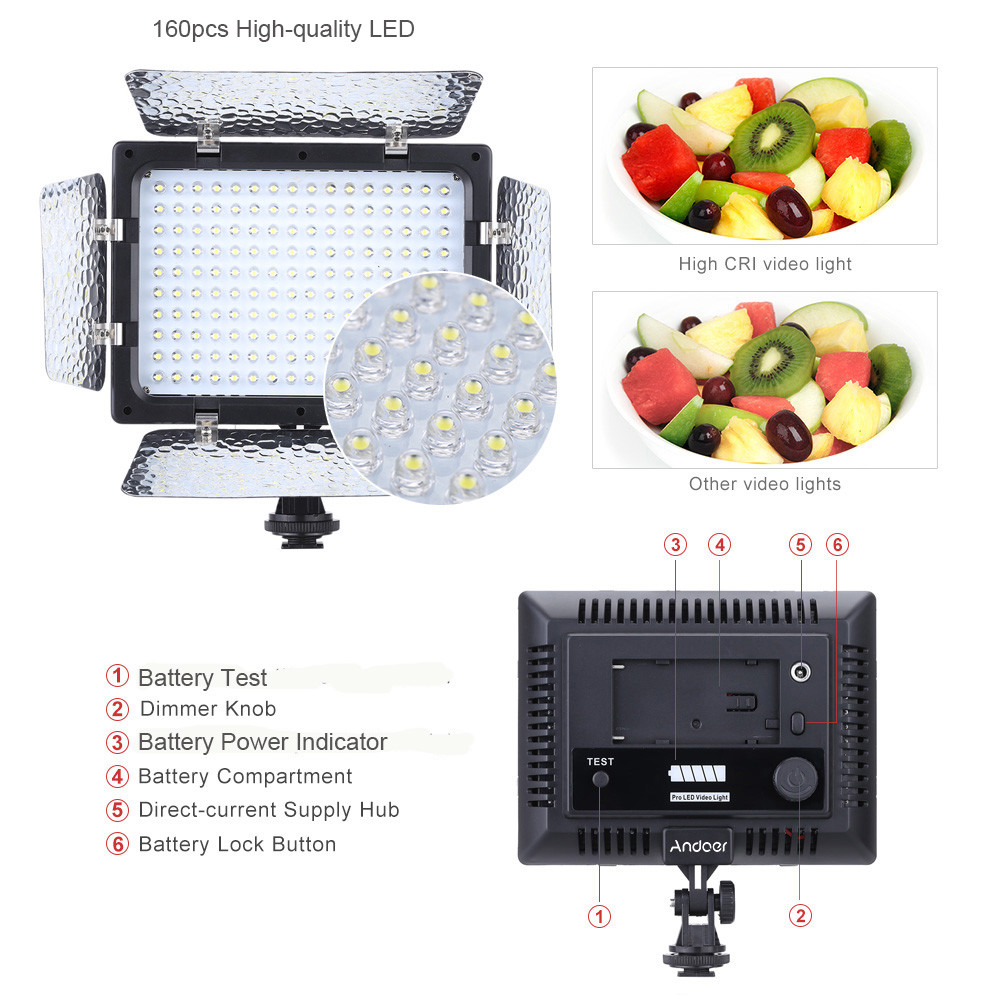 W160 Video Photography Light Lamp Panel 6000K 160 LEDs for DSLR Camera DV Camcorder