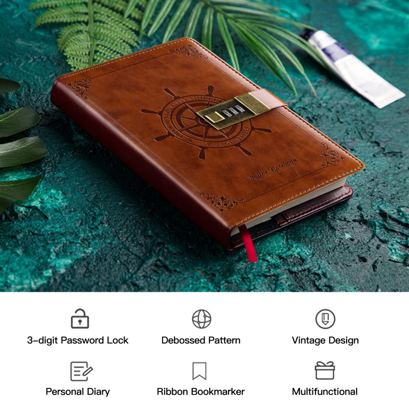 Vintage Journal Diary with Lock B6 PU Cover Retro Notebook 3-Digit Password Combination Lock Private Journal Line Pages Writing Gift MDZ