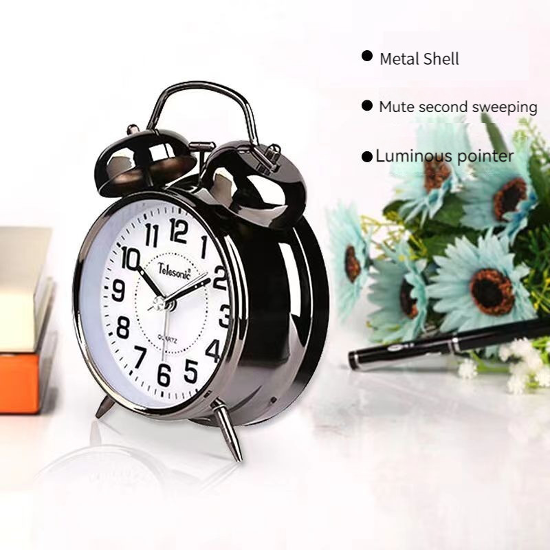 Retro Loud Double Bells Alarm Clock Essential Mute Pointer Clocks Mechanical with Night Light Alarm Clock Bedside Decoration