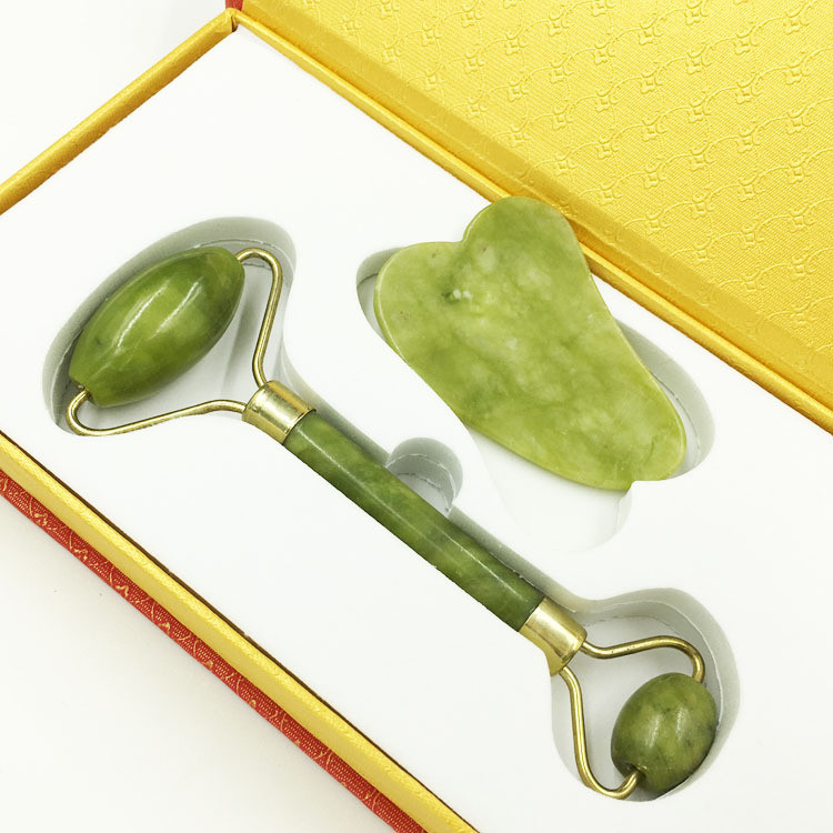 Natural Jade Massage Roller + Guasha Board SPA Scraper Stone Facial Massager Set