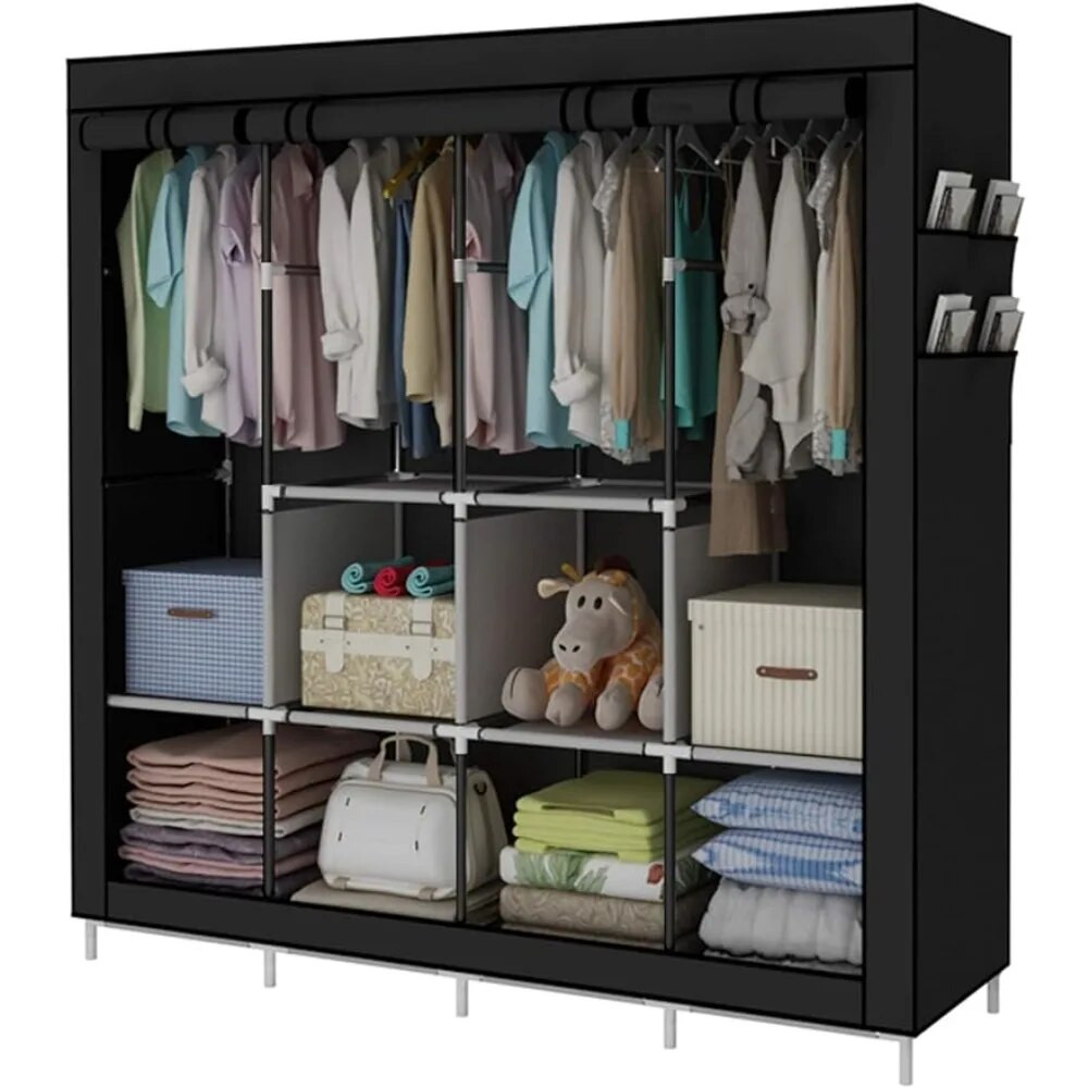 Portable Wardrobe Clothing Wardrobe Shelves Clothes Storage Organiser with 4 Hanging Rail,Black Closet