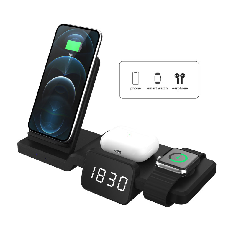 3 in 1 Wireless Charger Stand with Clock for Multiple Devices Charging Compatible with Android and iOS Phones Qi Wireless Charging Station